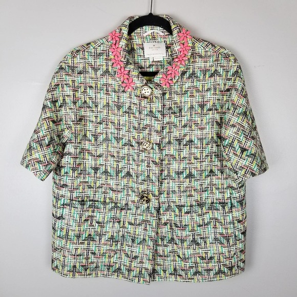 Kate Spade tweed embellished blazer jacket, size 2, green pink